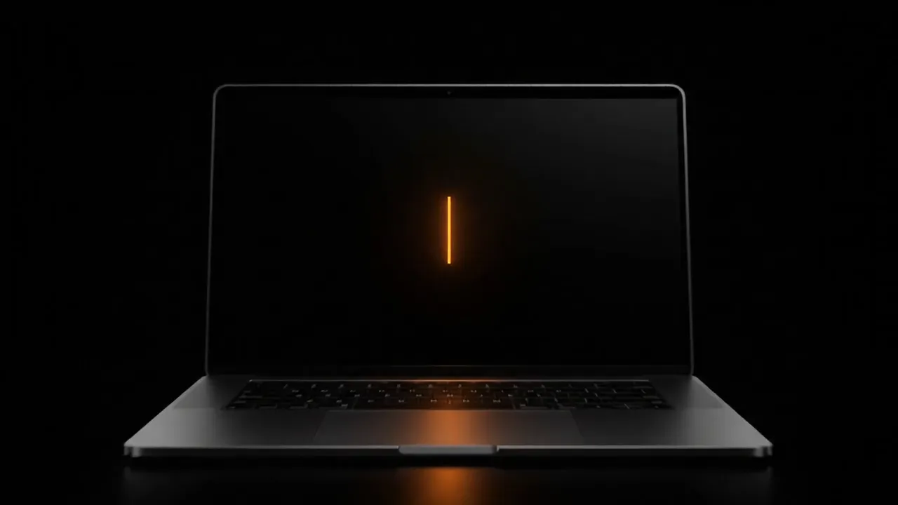 A laptop on a black background with an orange cursor, its screen opening into rising points of light.
